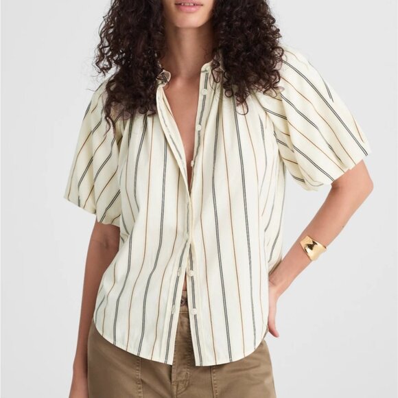 Madewell Tops - NWT Madewell Sz M Shirred Bubble-Sleeve Button-Up Shirt Poplin Coffee Tan Stripe